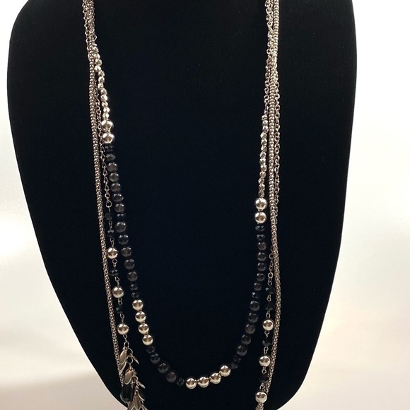 Fashion Necklace Long Three Strands Black Acrylic And Silver Tone Beads 36”+ 3” - Picture 2 of 14